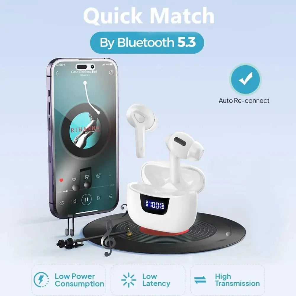 True Wireless Bluetooth Earbuds with Smart LED Display Charging Case , Bluetooth 5.0 Earbuds In-Ear TWS Stereo Headphones, IPX7 Waterproof in Ear Earphones, White