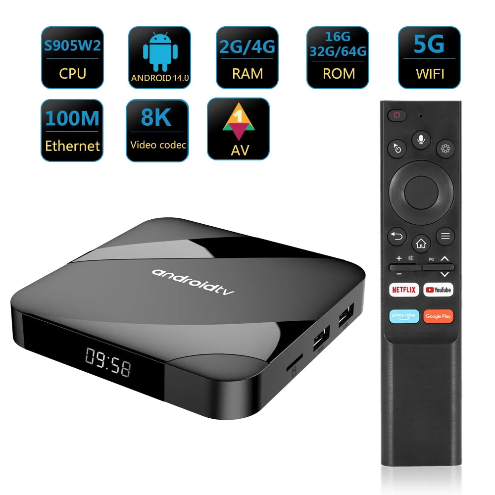 Smart TV Box 8K HD Android 14.0 Smart TV Box 2.4G 5G Dual Band Bluetooth 5.2 Wifi Video Media Player Home Theater TV Set-Top Box